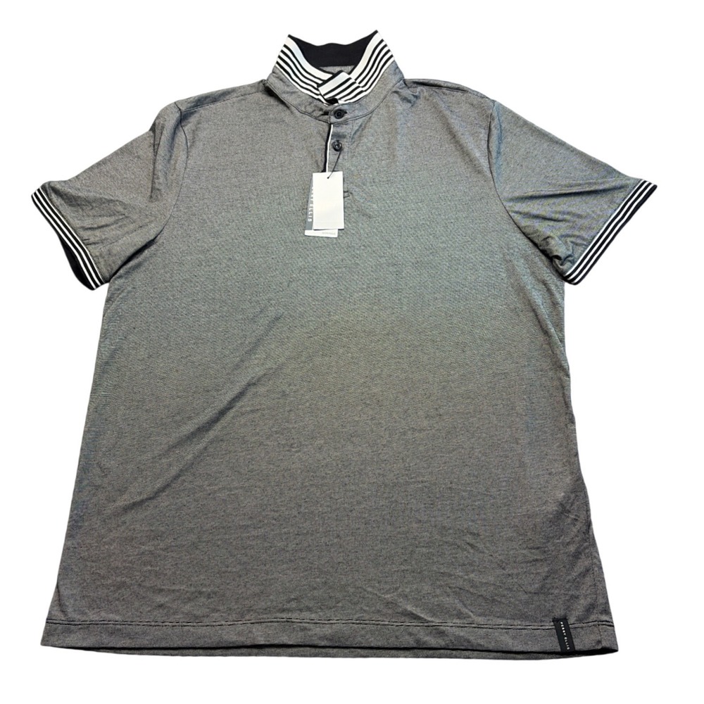 Perry Ellis Icon Polo Mens Large Grey Black Micro Stripe Moisture Wicking NWT
